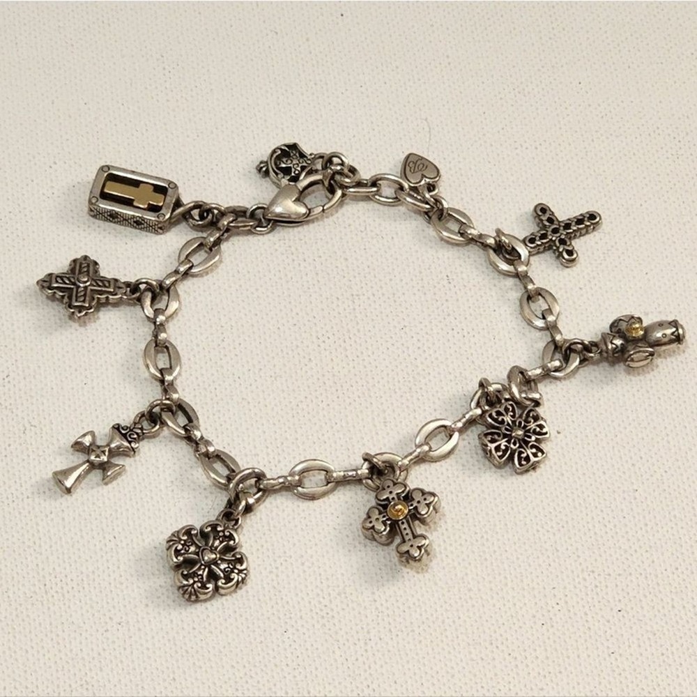 Brighton Vintage Charm Bracelet Silver Pl Crosses Heart Dangle Christian Jewelry